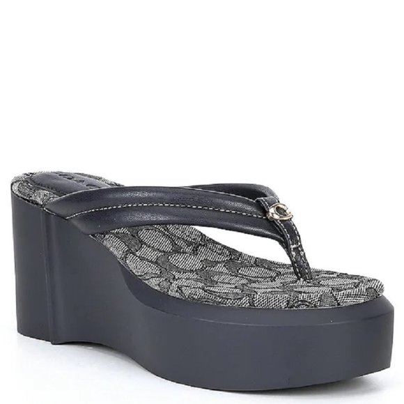$128 *NEW* (9) Navy COACH Wedge Flip Flops - Picture 1 of 11